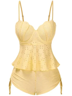 Fashion Retro Stage 1940s Spaghetti Strap Eyelet Shell Tankini Set