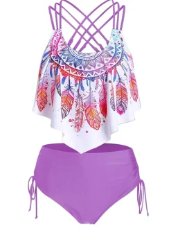 Discount Retro Stage 1950s Spaghetti Strap Feather Tankini Set