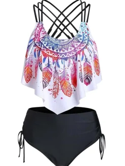 Discount Retro Stage 1950s Spaghetti Strap Feather Tankini Set
