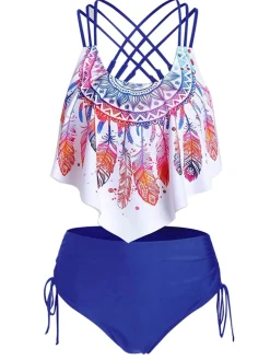Discount Retro Stage 1950s Spaghetti Strap Feather Tankini Set