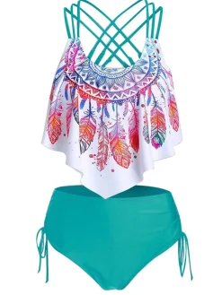 Hot Retro Stage 1950s Spaghetti Strap Feather Tankini Set