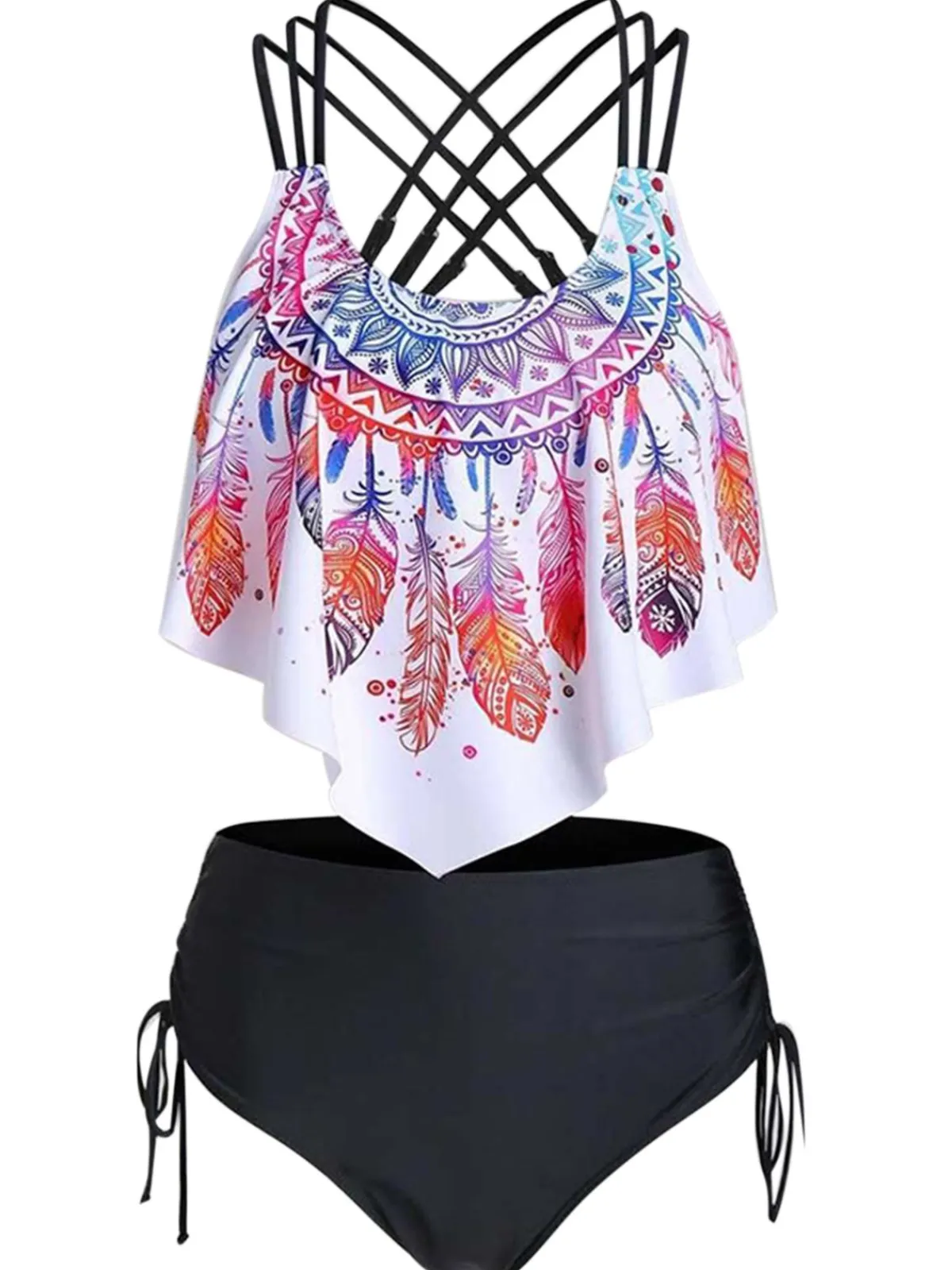 Hot Retro Stage 1950s Spaghetti Strap Feather Tankini Set