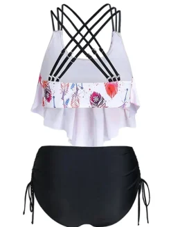 New Retro Stage 1950s Spaghetti Strap Feather Tankini Set