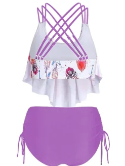 New Retro Stage 1950s Spaghetti Strap Feather Tankini Set