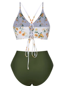Sale Retro Stage 1950s Spaghetti Strap Floral Swimsuit Army Green