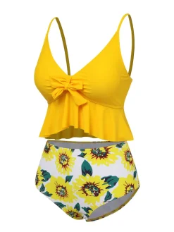 Sale Retro Stage 1960s Spaghetti Strap Floral Ruffles Swimsuit Yellow