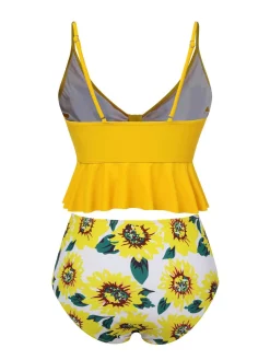 Sale Retro Stage 1960s Spaghetti Strap Floral Ruffles Swimsuit Yellow