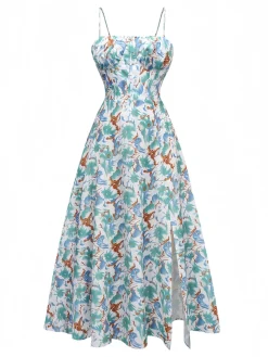 Outlet Retro Stage 1950s Spaghetti Strap Floral Backless Side Slit Dress Green