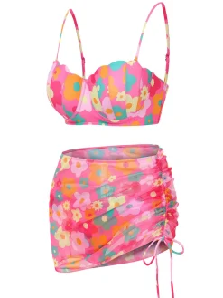 Fashion Retro Stage 1960s Spaghetti Strap Floral Shell Bikini Set & Cover-up Pink