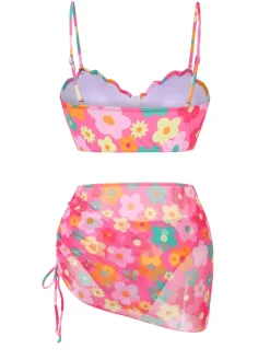 Fashion Retro Stage 1960s Spaghetti Strap Floral Shell Bikini Set & Cover-up Pink