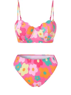 Fashion Retro Stage 1960s Spaghetti Strap Floral Shell Bikini Set & Cover-up Pink