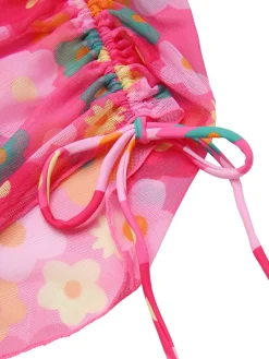 Fashion Retro Stage 1960s Spaghetti Strap Floral Shell Bikini Set & Cover-up Pink