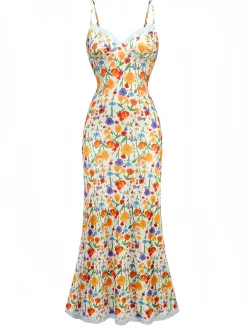 Outlet Retro Stage 1930s Spaghetti Strap Floral Lace Backless Dress Multicolor