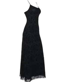 Outlet Retro Stage 1970s Spaghetti Strap Gothic Lace Maxi Dress Black