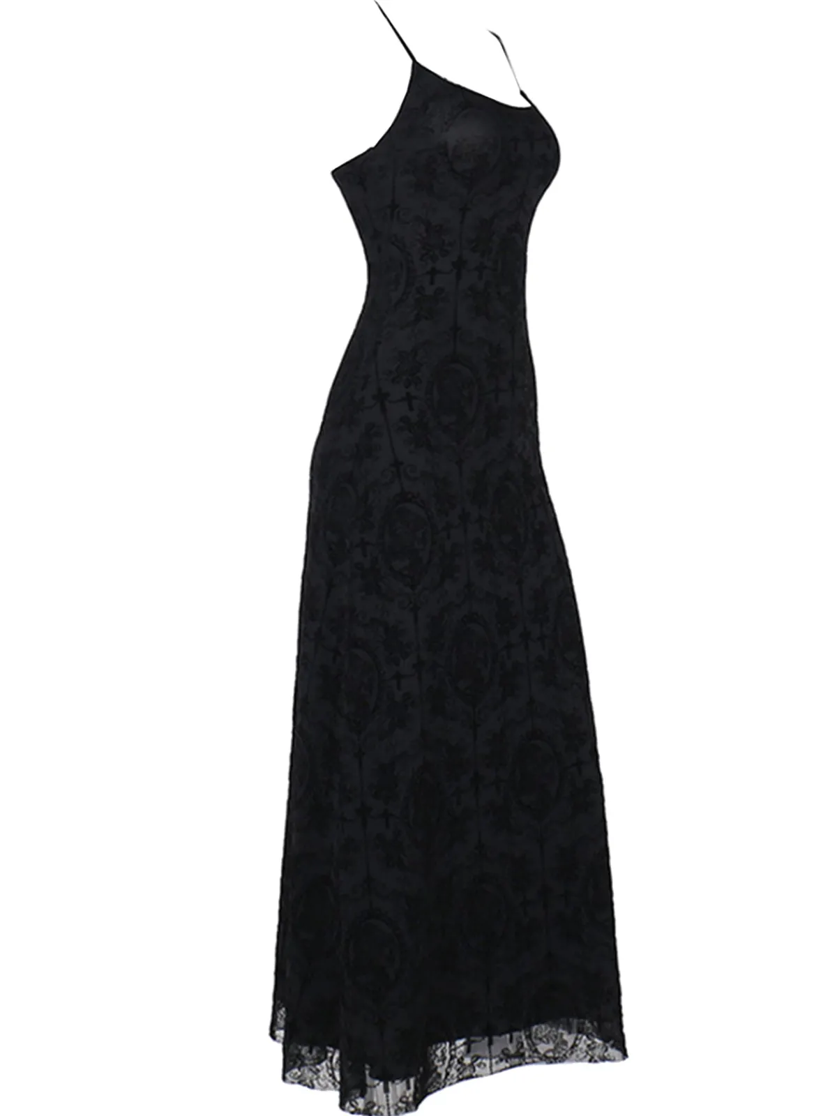 Outlet Retro Stage 1970s Spaghetti Strap Gothic Lace Maxi Dress Black