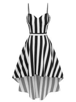 Hot Retro Stage 1950s Spaghetti Strap Halloween Sweetheart Neck Stripes Dress Black