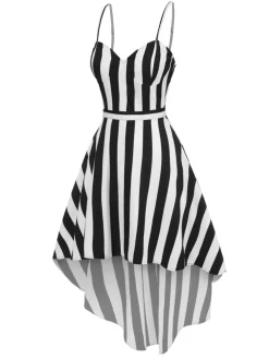 Hot Retro Stage 1950s Spaghetti Strap Halloween Sweetheart Neck Stripes Dress Black
