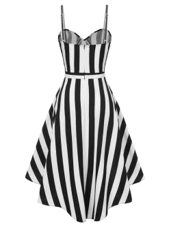 Hot Retro Stage 1950s Spaghetti Strap Halloween Sweetheart Neck Stripes Dress Black