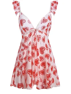 Clearance Retro Stage 1950s Spaghetti Strap Heart Ruffles Mini Nightgown Red