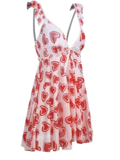 Clearance Retro Stage 1950s Spaghetti Strap Heart Ruffles Mini Nightgown Red