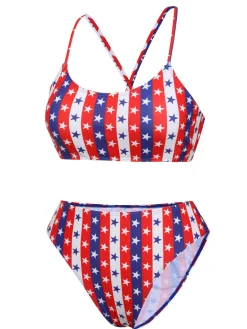 Outlet Retro Stage 1960s Spaghetti Strap Independence Day Swimsuit Multicolor