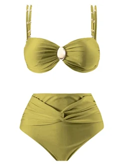 Sale Retro Stage 1950s Spaghetti Strap Jewel High-Waist Solid Bikini Set