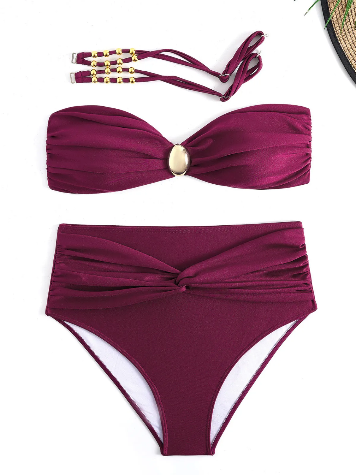 Sale Retro Stage 1950s Spaghetti Strap Jewel High-Waist Solid Bikini Set