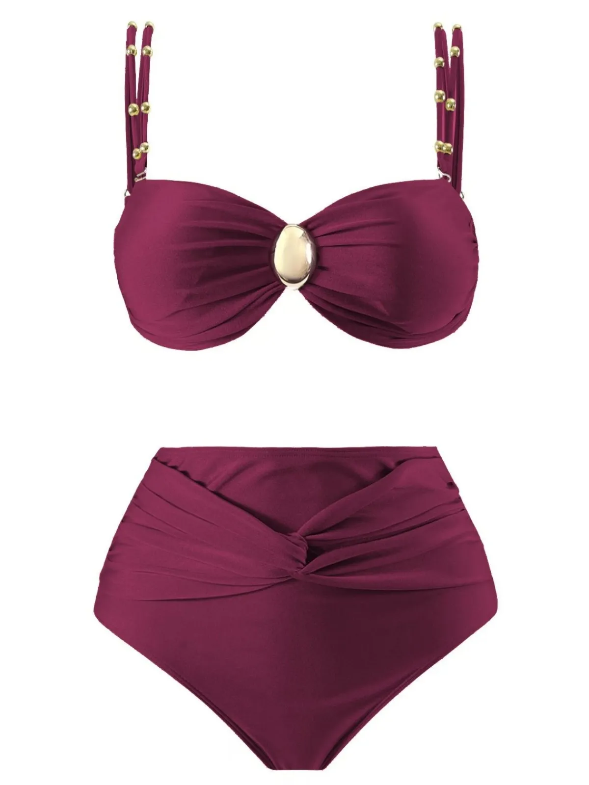Sale Retro Stage 1950s Spaghetti Strap Jewel High-Waist Solid Bikini Set