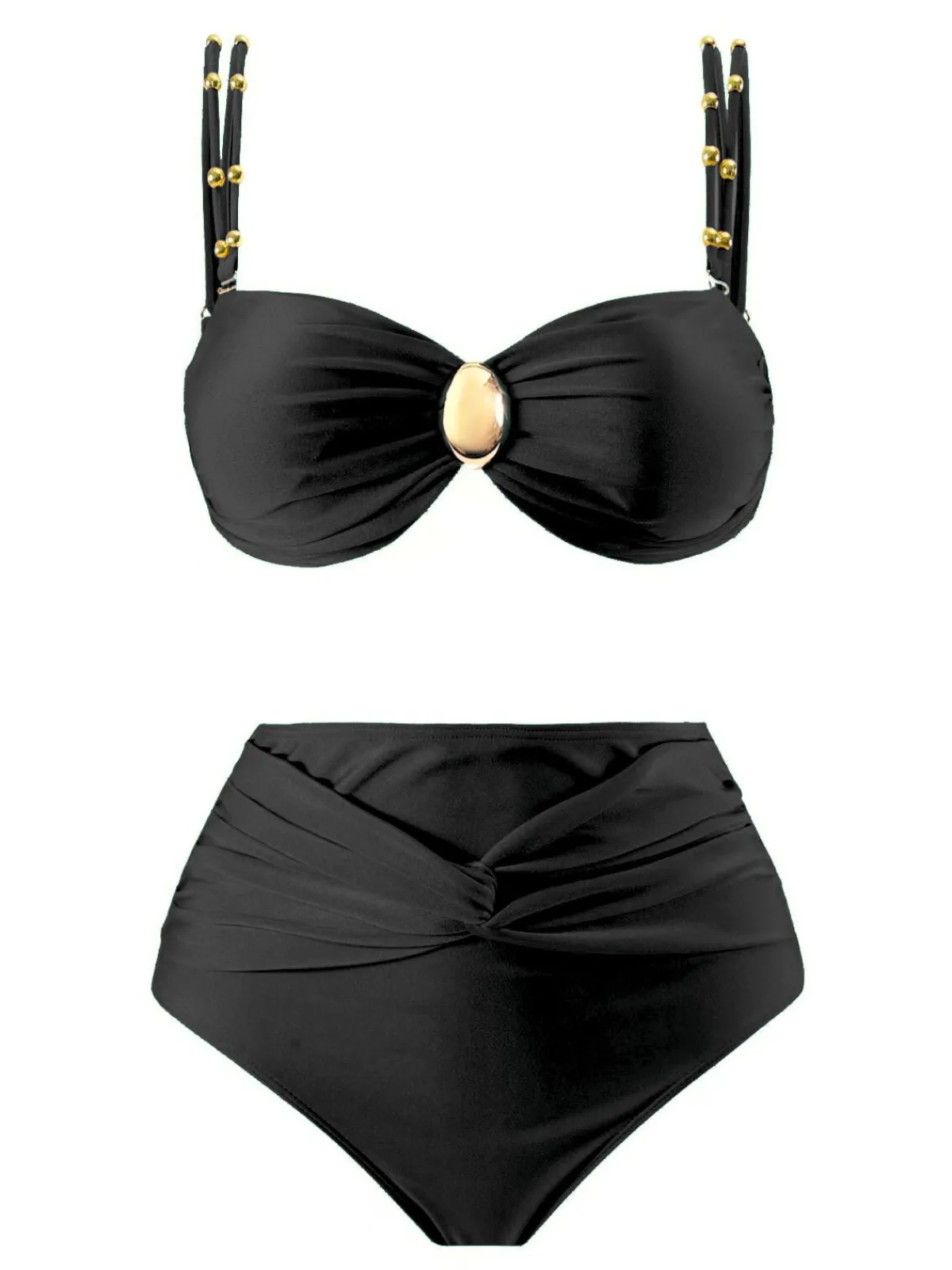 Sale Retro Stage 1950s Spaghetti Strap Jewel High-Waist Solid Bikini Set