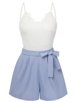 Hot Retro Stage 1950s Spaghetti Strap Lace Patchwork Romper Blue