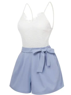 Hot Retro Stage 1950s Spaghetti Strap Lace Patchwork Romper Blue