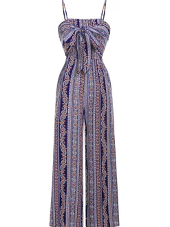 New Retro Stage 1930s Spaghetti Strap Lace-Up Bohemian Jumpsuit Multicolor