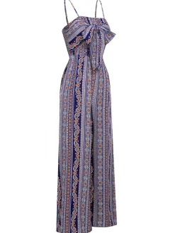 New Retro Stage 1930s Spaghetti Strap Lace-Up Bohemian Jumpsuit Multicolor