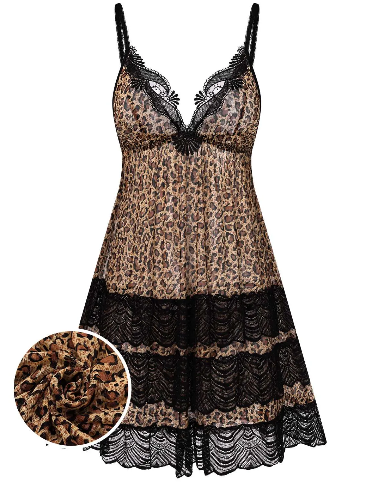 New Retro Stage 1940s Spaghetti Strap Leopard Lace Nightgown Brown