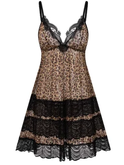 New Retro Stage 1940s Spaghetti Strap Leopard Lace Nightgown Brown