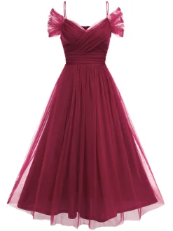 Best Retro Stage 1950s Spaghetti Strap Off-Shoulder Mesh Dress