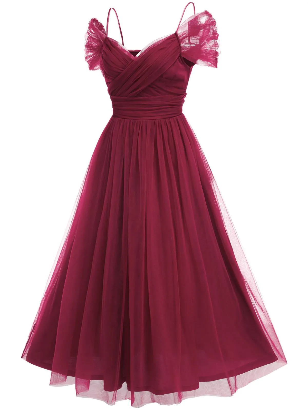 Best Retro Stage 1950s Spaghetti Strap Off-Shoulder Mesh Dress