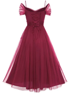 Best Retro Stage 1950s Spaghetti Strap Off-Shoulder Mesh Dress