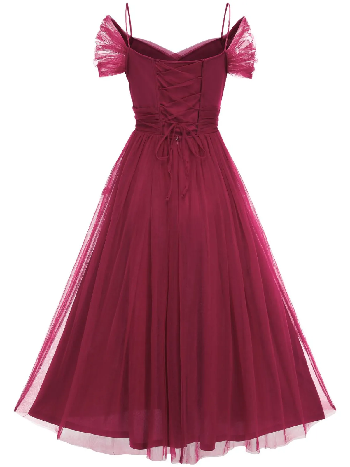 Best Retro Stage 1950s Spaghetti Strap Off-Shoulder Mesh Dress