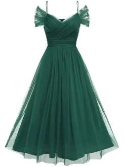 Best Retro Stage 1950s Spaghetti Strap Off-Shoulder Mesh Dress