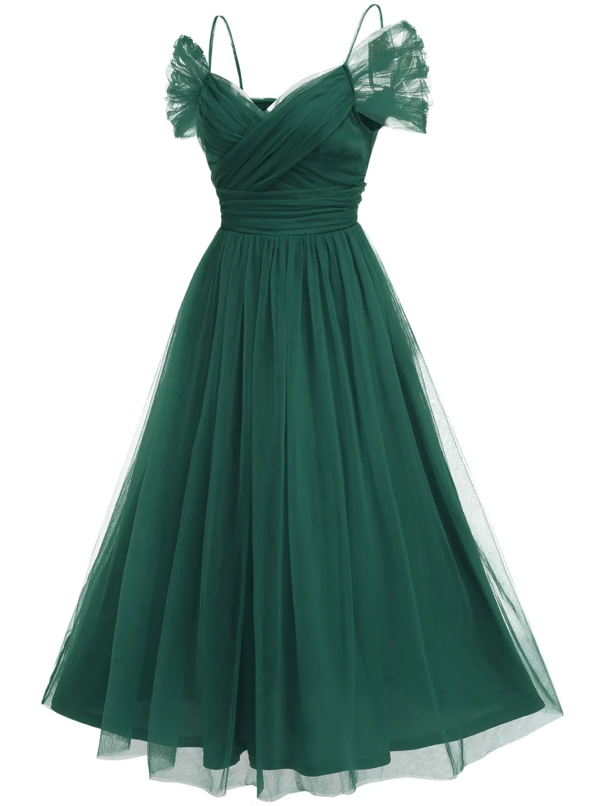 Best Retro Stage 1950s Spaghetti Strap Off-Shoulder Mesh Dress