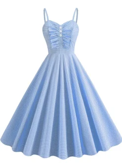 Sale Retro Stage 1950s Spaghetti Strap Plaids Button Swing Dress