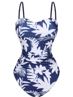 New Retro Stage 1960s Spaghetti Strap Plants Solid One-Piece Swimsuit