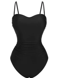 New Retro Stage 1960s Spaghetti Strap Plants Solid One-Piece Swimsuit