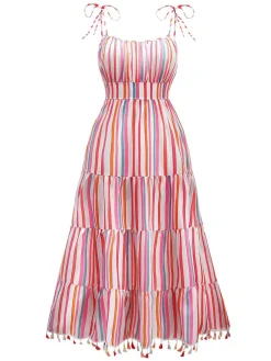 Best Retro Stage 1970s Spaghetti Strap Rainbow Stripes Tiered Dress Pale Pink