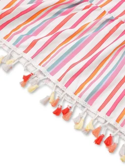 Best Retro Stage 1970s Spaghetti Strap Rainbow Stripes Tiered Dress Pale Pink