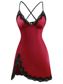 Fashion Retro Stage 1960s Spaghetti Strap Satin Lace Nightgown