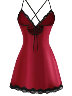 Fashion Retro Stage 1960s Spaghetti Strap Satin Lace Nightgown