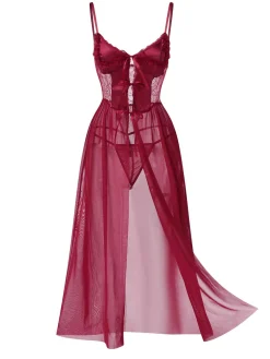 Clearance Retro Stage 1950s Spaghetti Strap Sheer Lace Satin Bow Nightgown