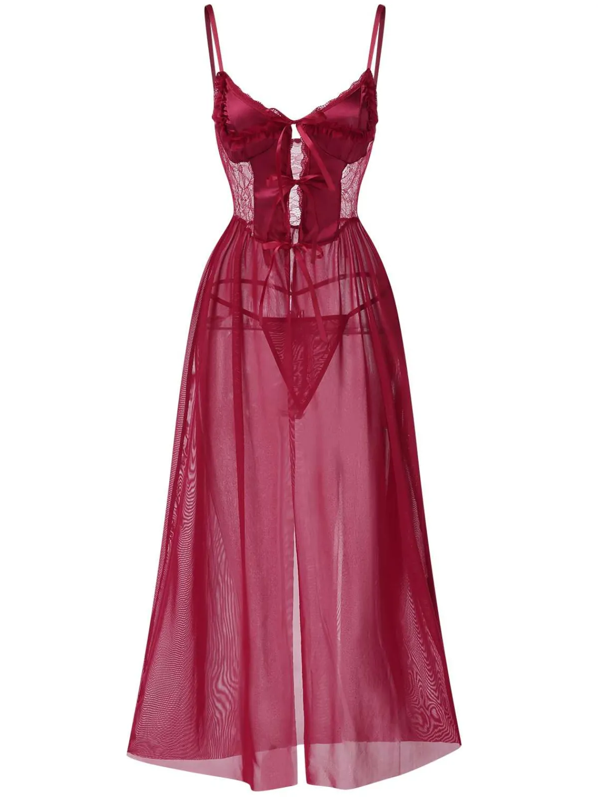 Clearance Retro Stage 1950s Spaghetti Strap Sheer Lace Satin Bow Nightgown